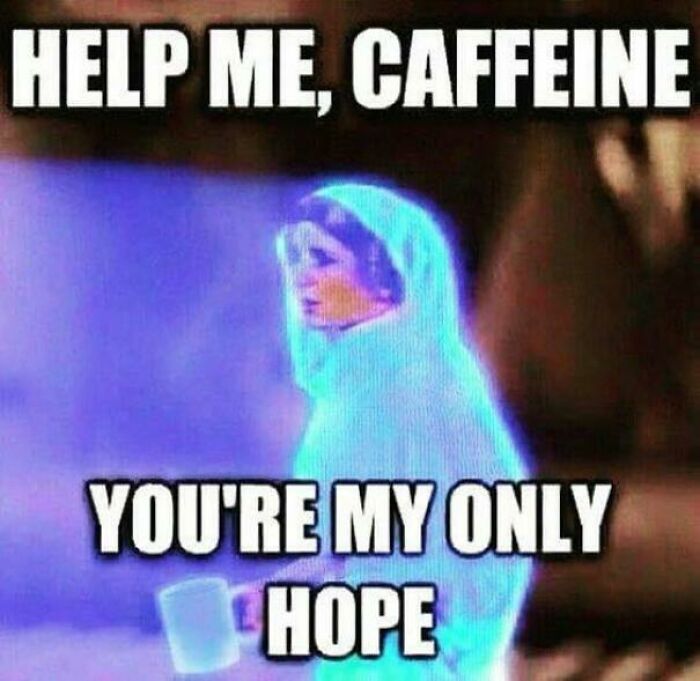 Hologram with text "Help me, caffeine, you're my only hope," humorously capturing Monday meme vibe.