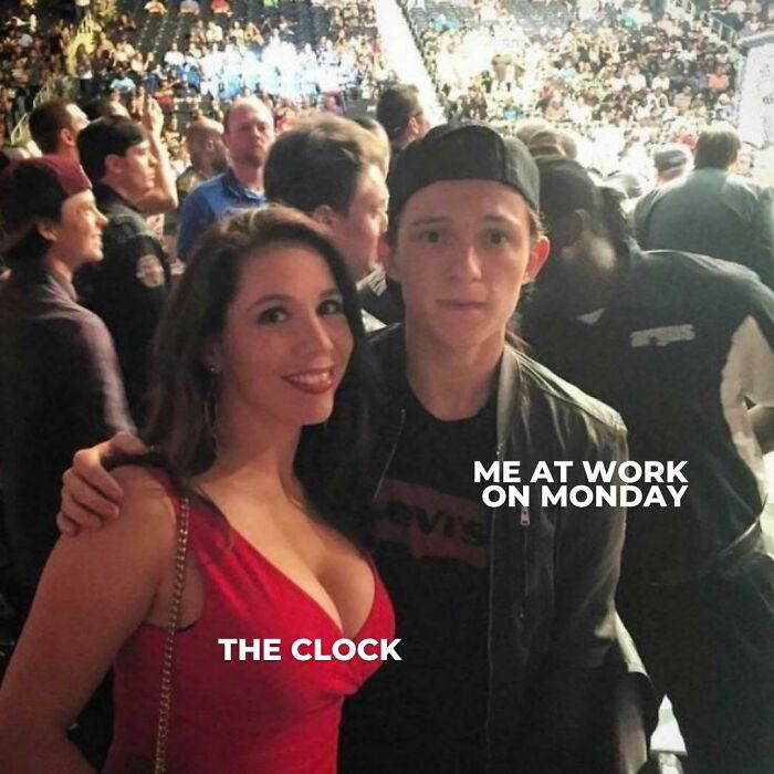 A man labeled "me at work on Monday" stands next to a woman labeled "the clock" in a crowded event setting, capturing a humorous Monday meme.