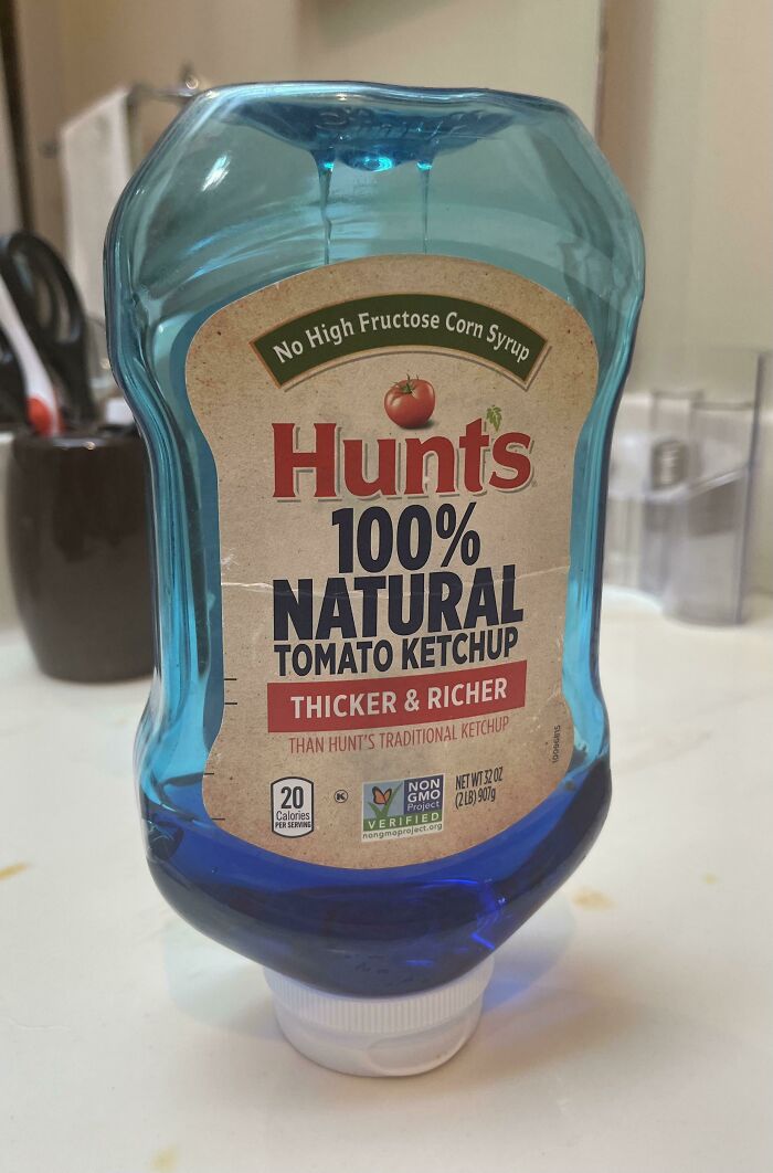 My Father Recycled An Old Plastic Ketchup Bottle Into A Shampoo Dispenser For His Shower