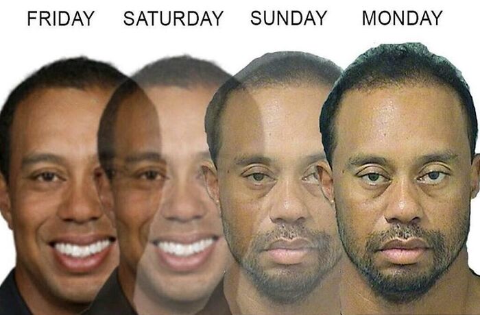 Progression of a man's tired expression from Friday to Monday, illustrating Monday memes theme.