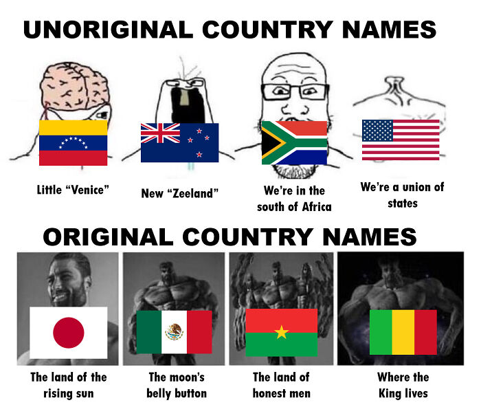 History memes showing unoriginal versus original country names with visual comparisons and national flags.