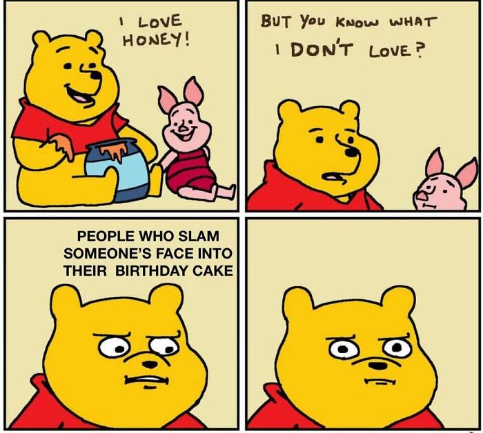 Funny birthday meme featuring a bear and a pig expressing dislike for cake face-slamming.