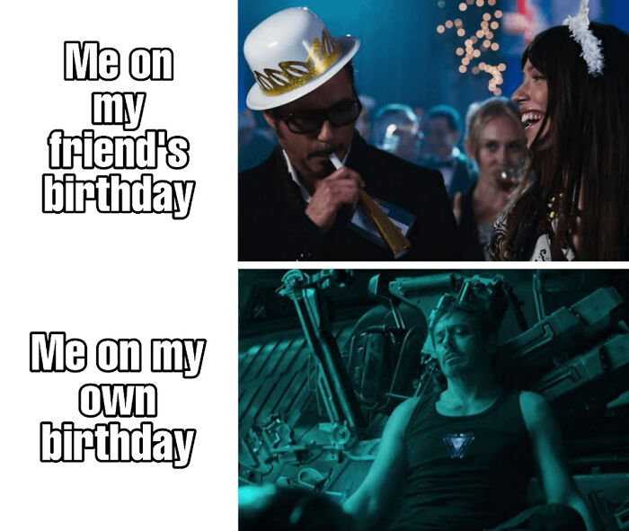 Funny birthday meme showing party vs. alone; top image: celebration, bottom image: solitary reflection.