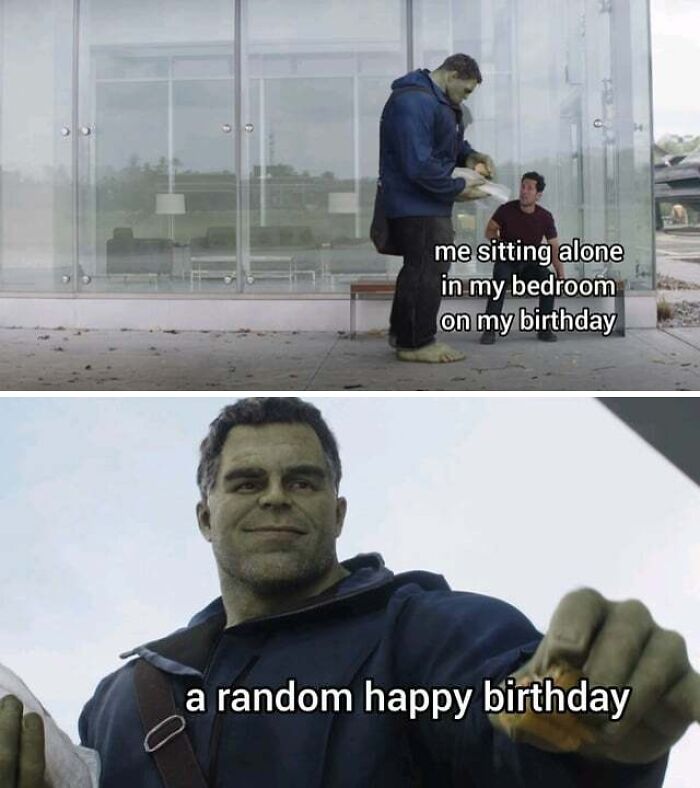 Hulk handing a gift with captions, humorously depicting a birthday celebration.