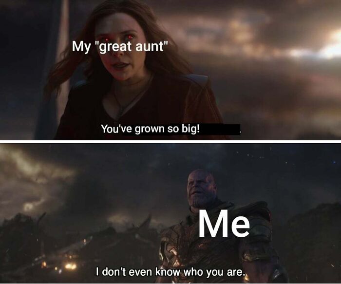 Funny happy birthday meme featuring a character saying "You've grown so big!" and another replying "I don't even know who you are."