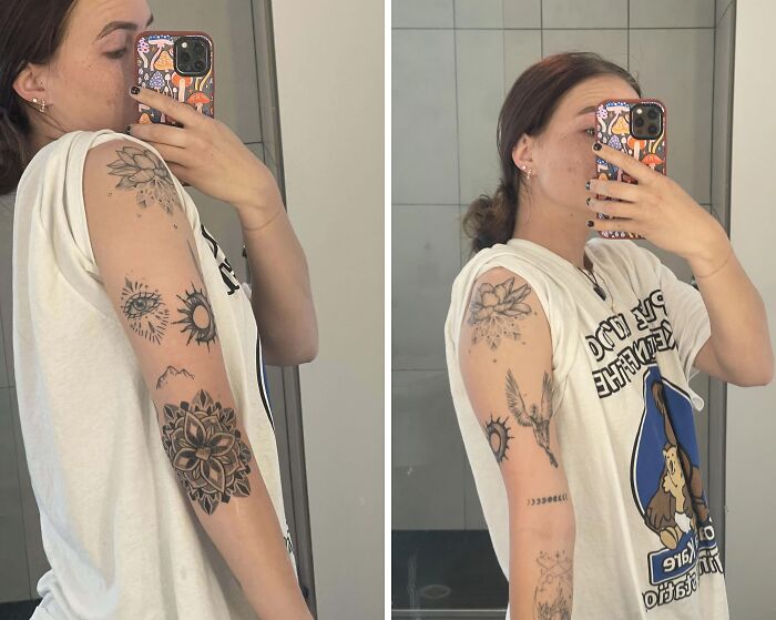 Person showcasing arm with patchwork tattoos featuring floral and celestial designs, taking a mirror selfie.