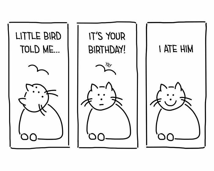 Cartoon cat humorously discussing birthday surprise in comic strip.