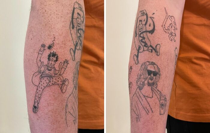 Patchwork tattoo featuring cartoon and abstract designs on forearm against orange shirt background.