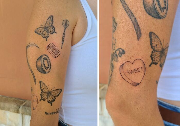 Tattoo sleeve with patchwork designs: butterflies, heart, kiwi slice, safety pin, and "sweet" text on arm.