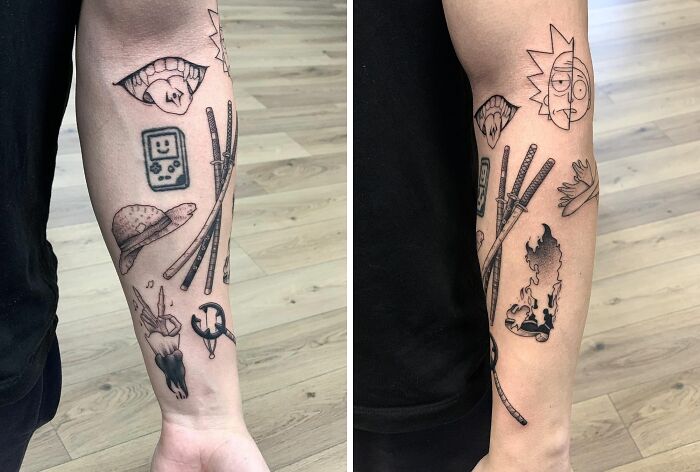 Forearm with creative patchwork tattoos featuring swords, a handheld console, and cartoon elements.