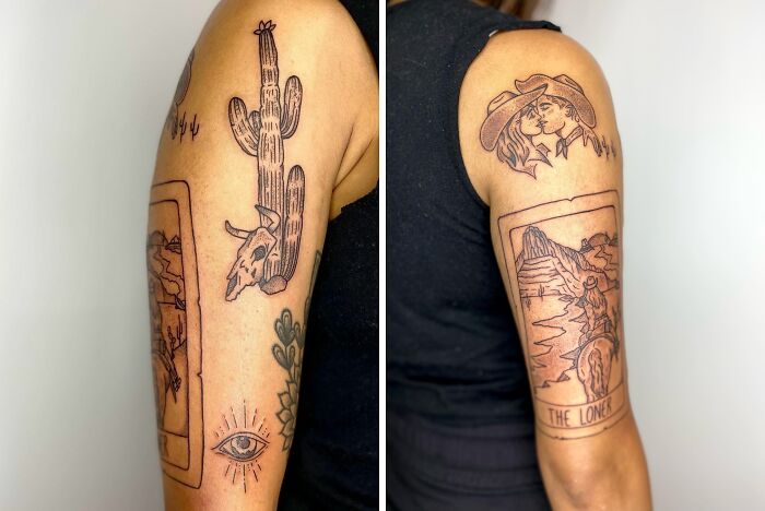 Arm showcasing patchwork tattoos featuring a cactus, eye pattern, portrait, and desert scene.