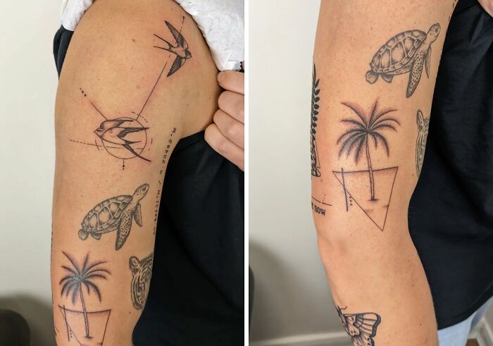 Arm with patchwork tattoos featuring a bird, turtle, palm tree, and geometric designs.