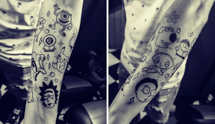 Close-up of arms with patchwork tattoos featuring cartoon characters, in black ink style.