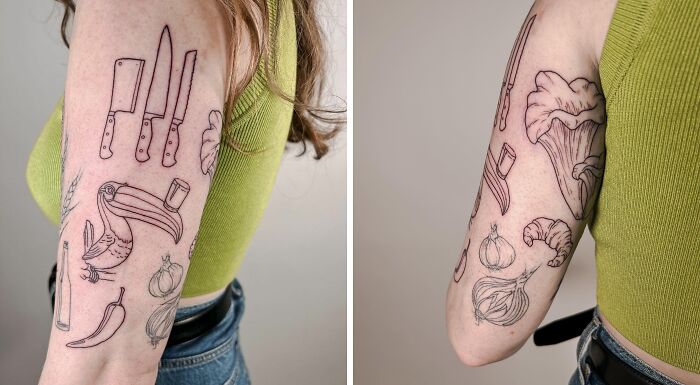 Arm with patchwork tattoo featuring culinary tools and veggies, showcasing creative ink ideas inspired by patchwork designs.
