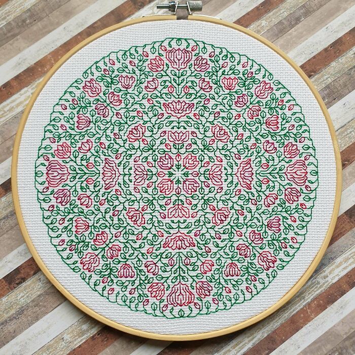 My First Self-Design Black Work Embroidery I Ever Did. It Took Me 33h. Hoop 22cm, Aida 14ct, Dmc 699 & 4210