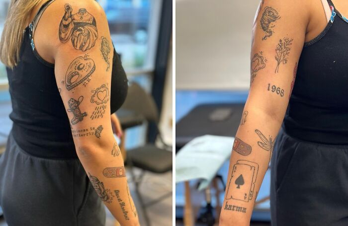 Person showcasing patchwork tattoos on their arms, featuring various designs and symbols.