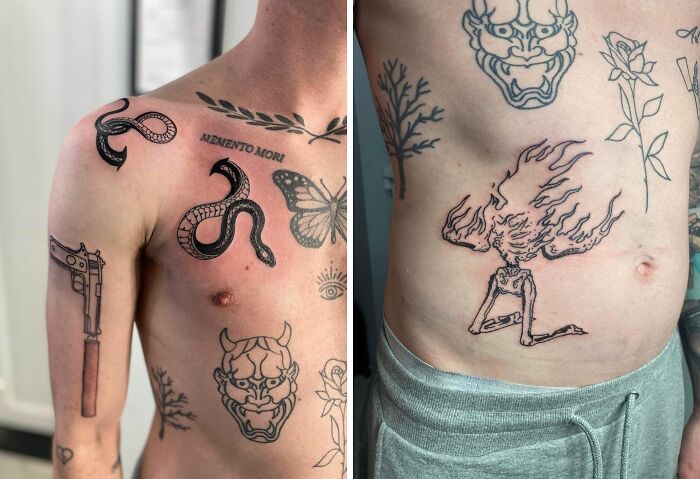 Unique patchwork tattoos featuring a snake, butterfly, oni mask, and skeletal figure on a person's chest and side.