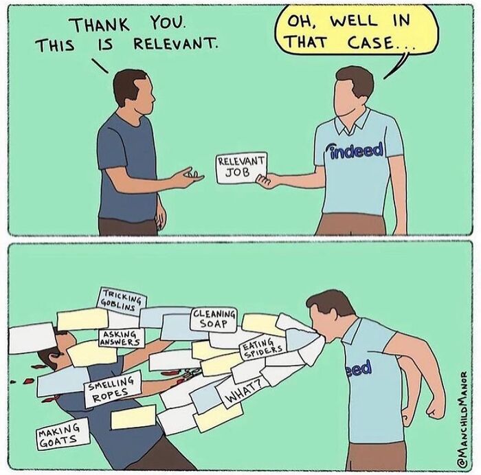 Comic strip showing a humorous twist on ordinary situations with a man receiving absurd job tasks labeled as relevant.