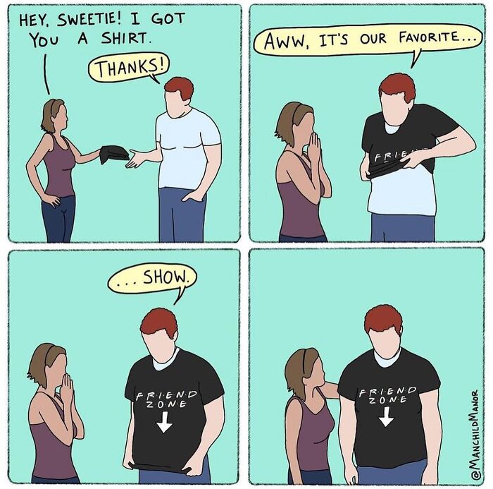 Comic illustration of an ordinary situation twisted to absurdity showing a man giving a friendzone shirt to a woman.