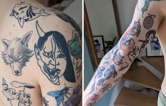 Patchwork tattoo designs on a person's arm and back, featuring various abstract and cultural motifs.