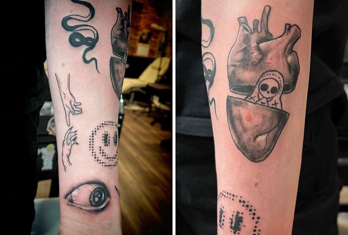 Patchwork tattoo designs featuring a heart, smiley face, and various abstract elements on forearm skin.