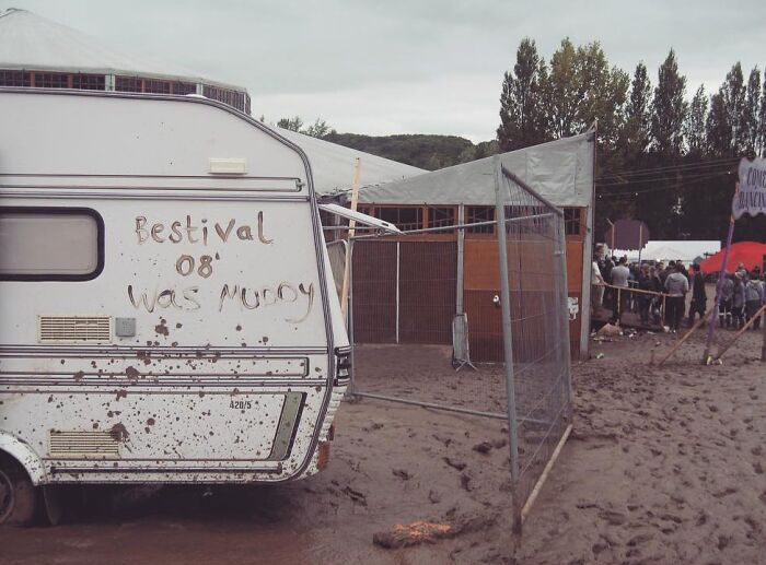 Camper van in mud in Bestival, 2008