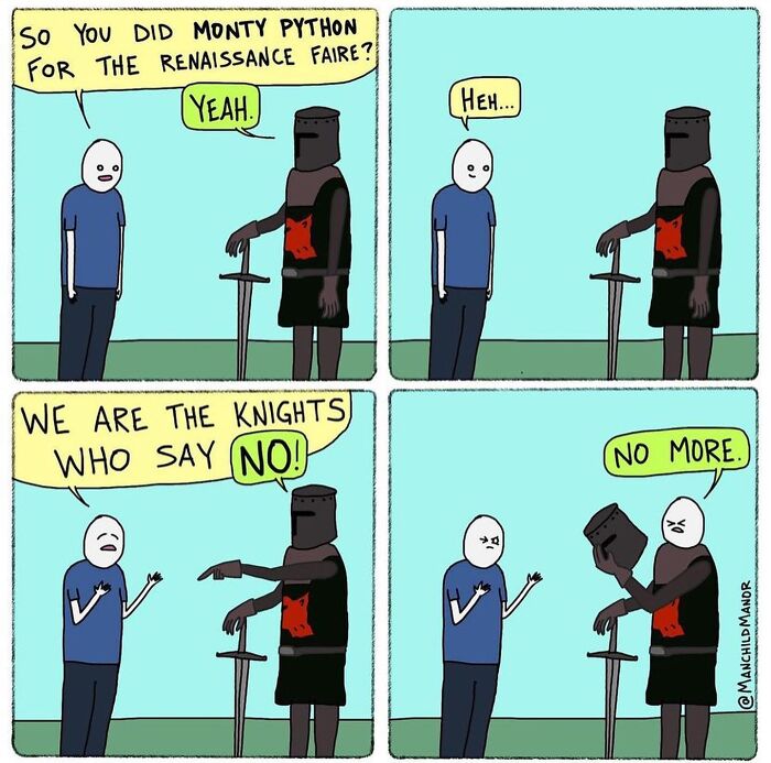 Comic panel showing two characters at a Renaissance faire with absurd dialogue, illustrating hilarious ordinary situations.