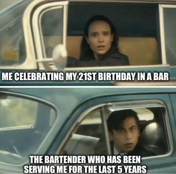 Funny birthday meme showing two people in cars, surprised expressions, with captions about celebrating a 21st birthday in a bar.