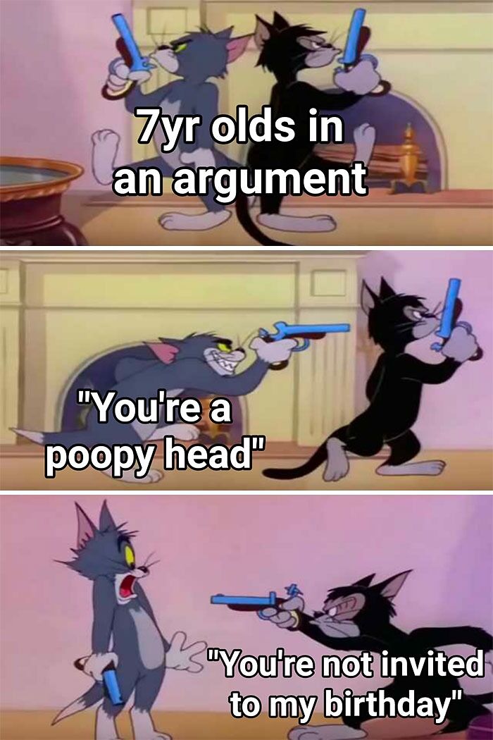 Two cats humorously argue with toy guns, saying "You're a poopy head" and "You're not invited to my birthday." Funny birthday meme.