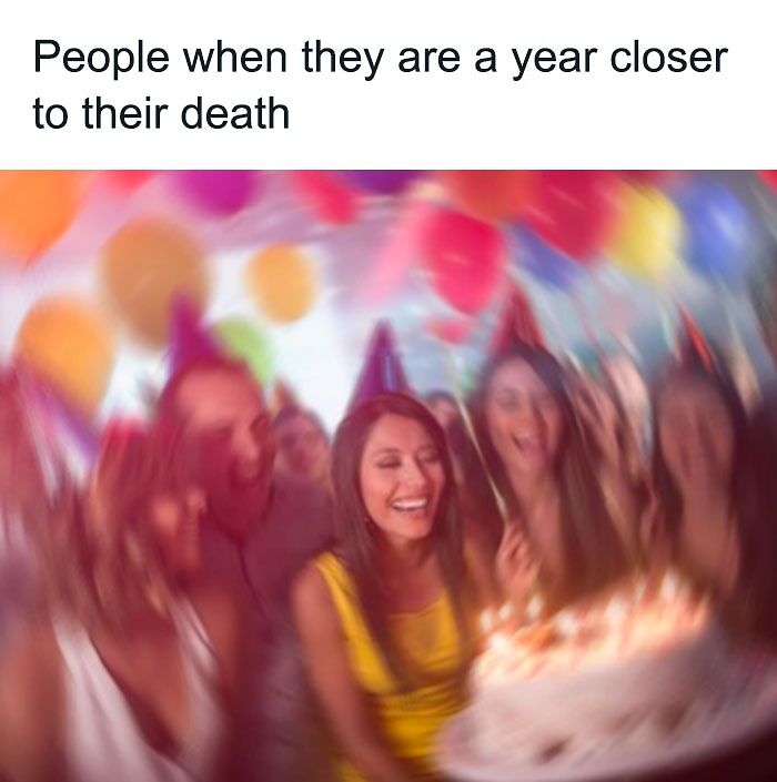 Funny happy birthday meme with people celebrating, colorful balloons, and a cake.
