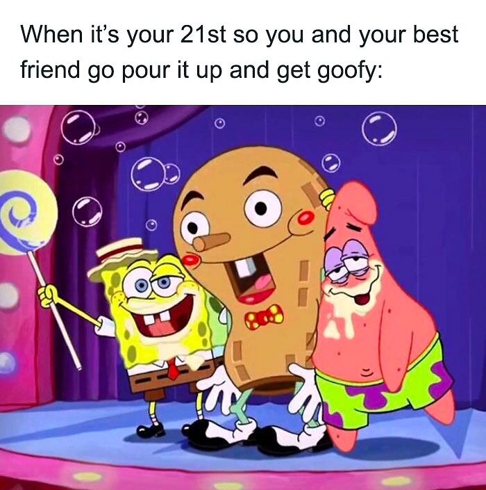 Funny happy birthday meme with cartoon characters celebrating with silly expressions and oversized lollipop.