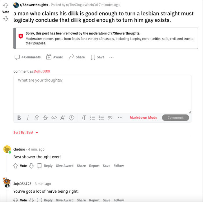 A Man Who Claims His D*ck Is Good Enough To Turn A Lesbian Straight Must Logically Conclude That D*ck Good Enough To Turn Him Gay Exists