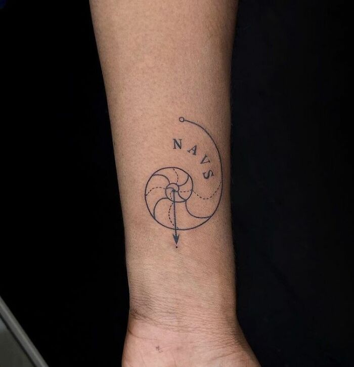 Simple spiral wrist tattoo with text "NAVS" on a forearm.