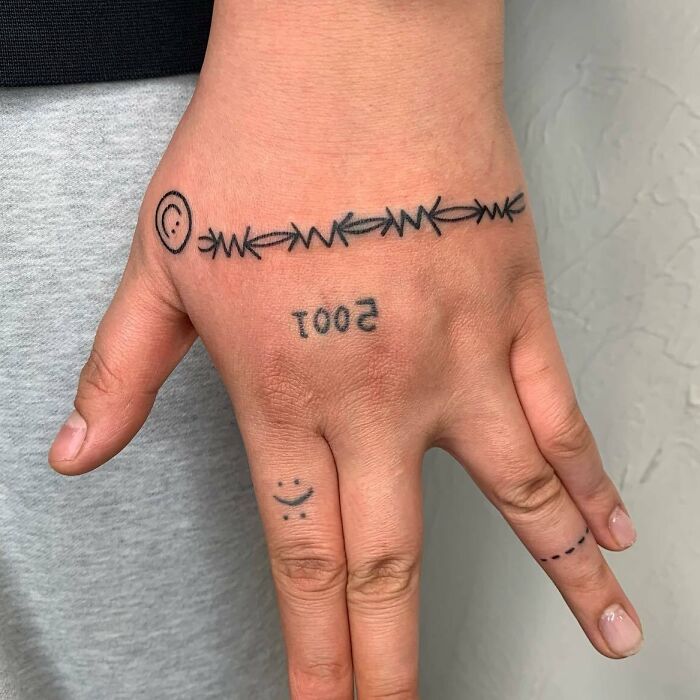 Small hand tattoo featuring a barbed wire design and numbers on fingers.