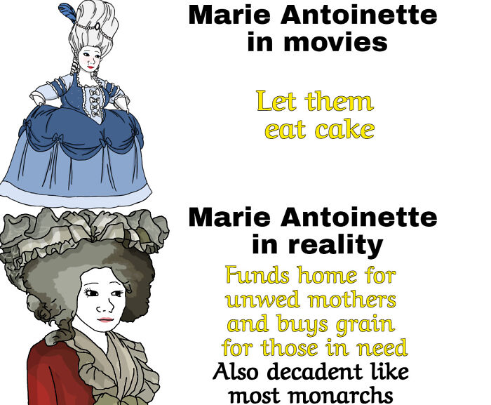 Illustration comparing Marie Antoinette in history memes showing movie myth versus her real-life charitable actions.