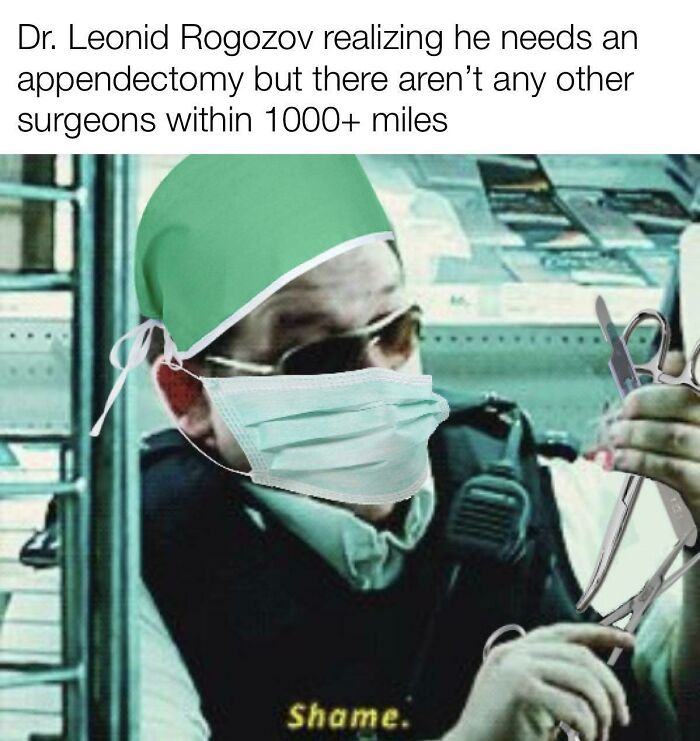Man wearing surgical cap and mask holding medical tools, illustrating a history meme about Dr. Leonid Rogozov and surgery challenges.