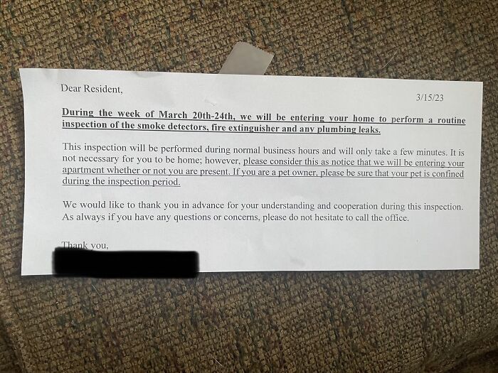 Notice From My Landlord. "We Could Enter Your Home At Any Point This Week, So Make Sure Your Pets Are Confined During Business Hours"