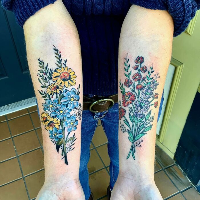 Elegant flower tattoos on forearms, featuring vibrant blossoms and intricate designs, radiating beauty.