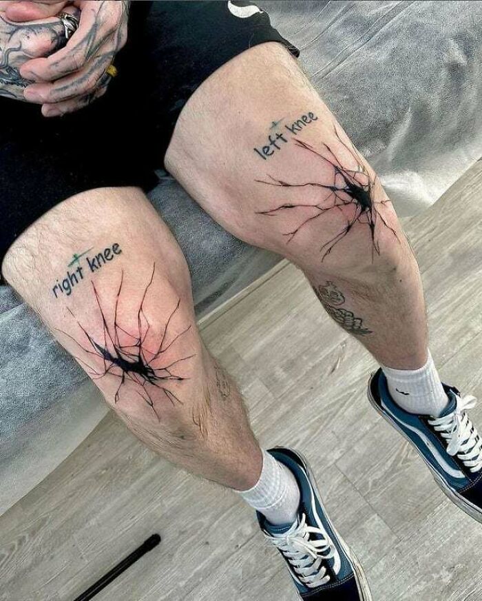 C*****d pattern knee tattoos labeled "left knee" and "right knee" on a person sitting, showcasing unique tattoo design.