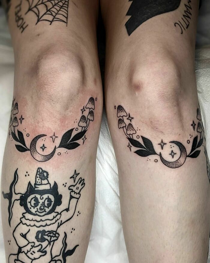 Knee tattoos featuring crescent moons, leaves, and mushrooms make a bold statement.