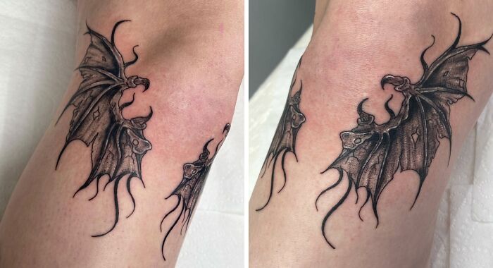 Bat wing knee tattoos displaying intricate, dark shading design.
