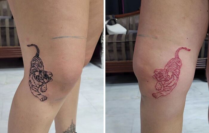 Tiger knee tattoos in black and red inks on two legs.