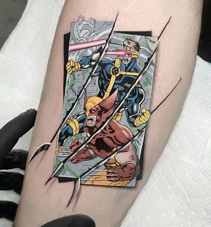 '90s culture tattoo featuring comic book characters Wolverine and Cyclops with claw-scratch detail.