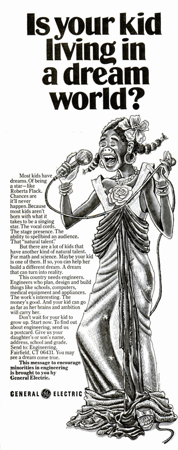 "Is Your Kid Living In A Dream World?" Ad Placed In Ebony Magazine Encouraging Minorities To Pursue Stem Careers. General Electric, 1979