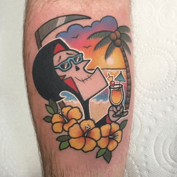 '90s tattoo of a grim reaper with sunglasses, tropical drink, sunset, and palm tree.