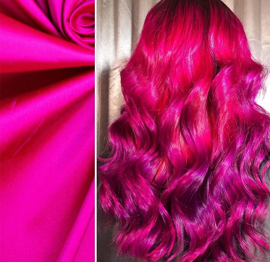 Vibrant magenta wavy hair design by Kansas-based hairstylist Ursula Goff showcasing bold and glossy hair color and texture.