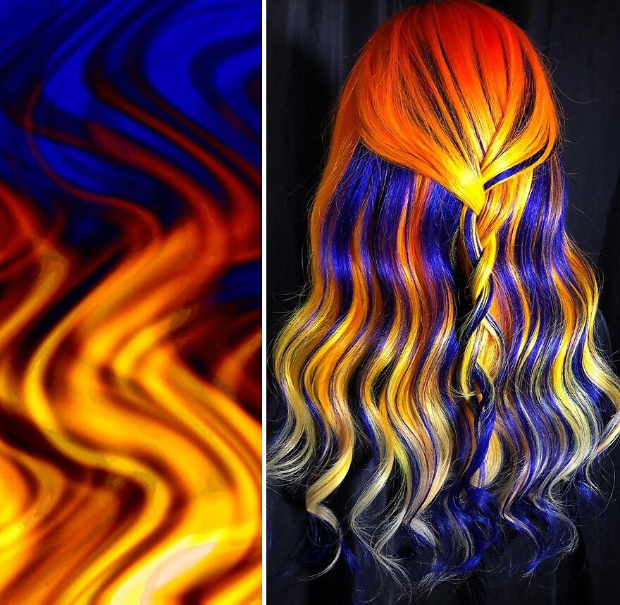 Vibrant orange, blue, and yellow hair design with wavy texture and intricate braiding by Kansas-based hairstylist Ursula Goff.