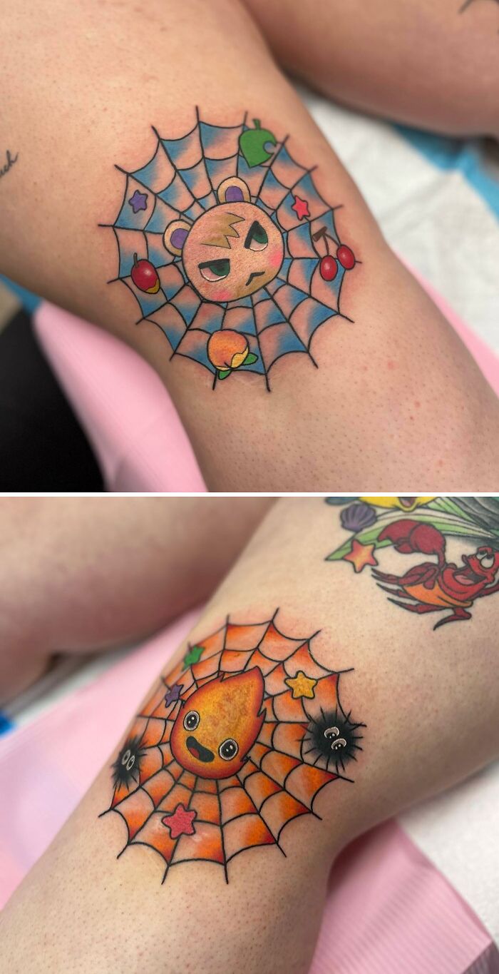 Colorful knee tattoos featuring cute characters in a web design, showcasing unique tattoo art.