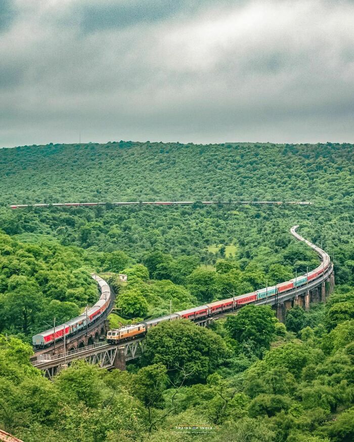 Three Trains Passing At A Time Through Mukundara Hills National Park. Rajasthan, India