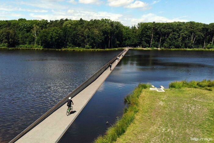 A Cycle Path That Goes Through A Lake In Bokrijk, Belgium